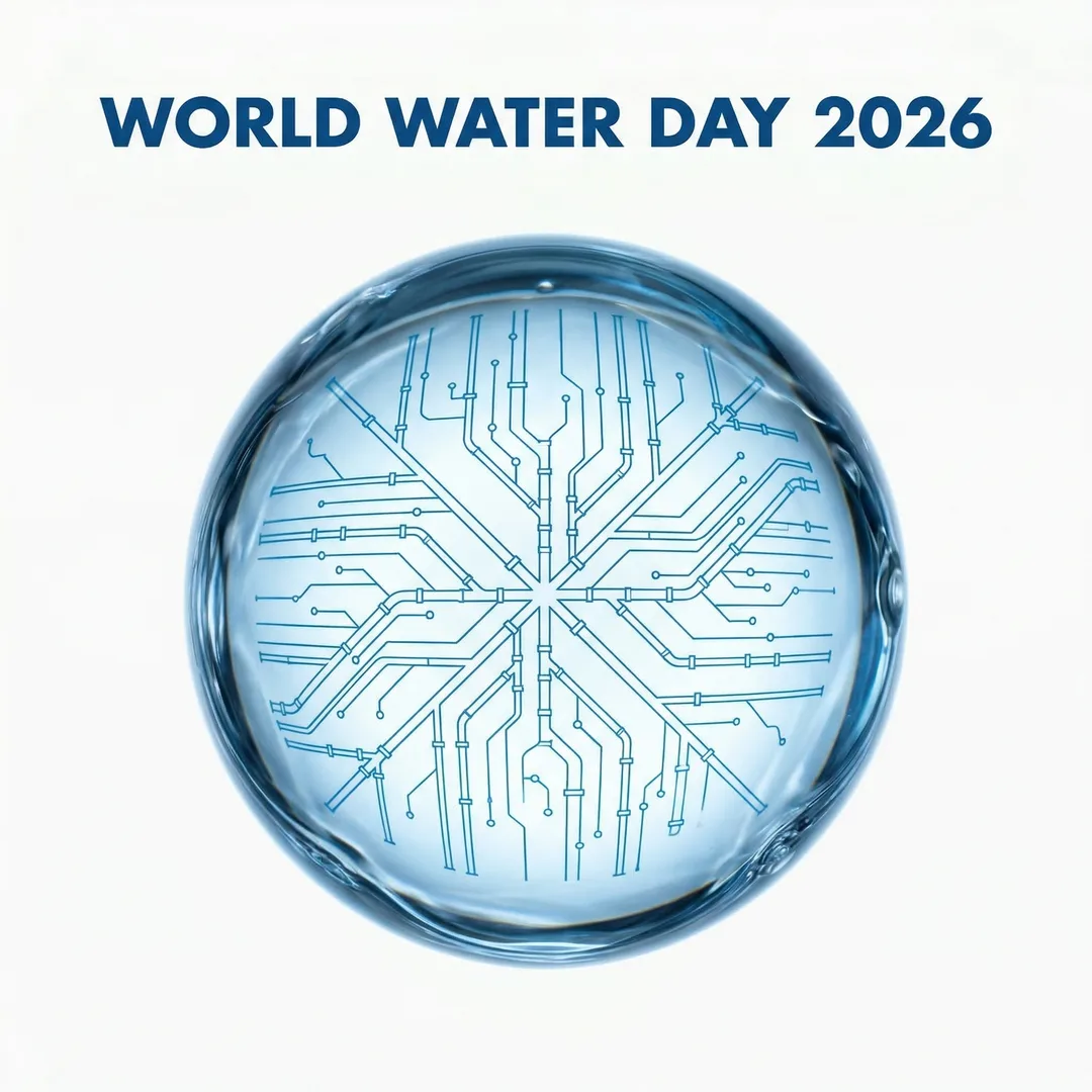 Kampanjgrafik: vattendroppe med rörnätverk, publicerad på World Water Day 2026