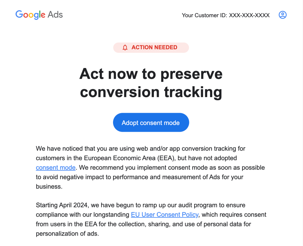 Varningsmeddelande från Google om att Consent Mode inte är korrekt implementerat