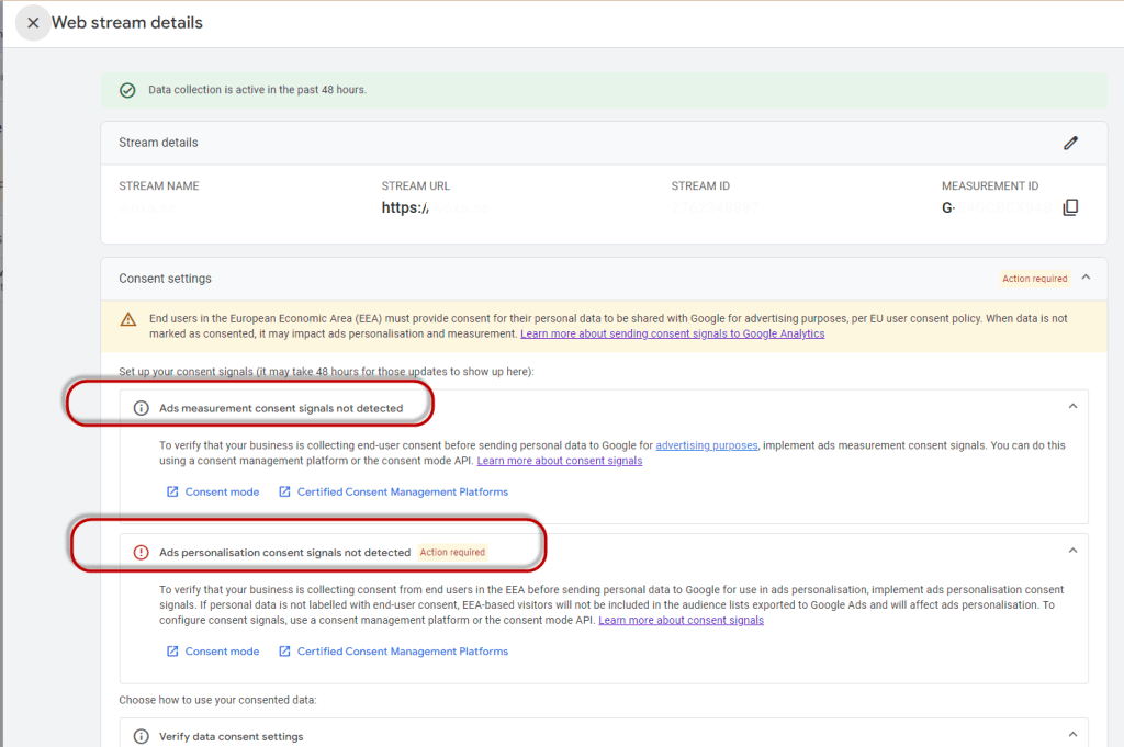 Datastream i Google Analytics med varning om att samtyckessignaler inte upptäckts