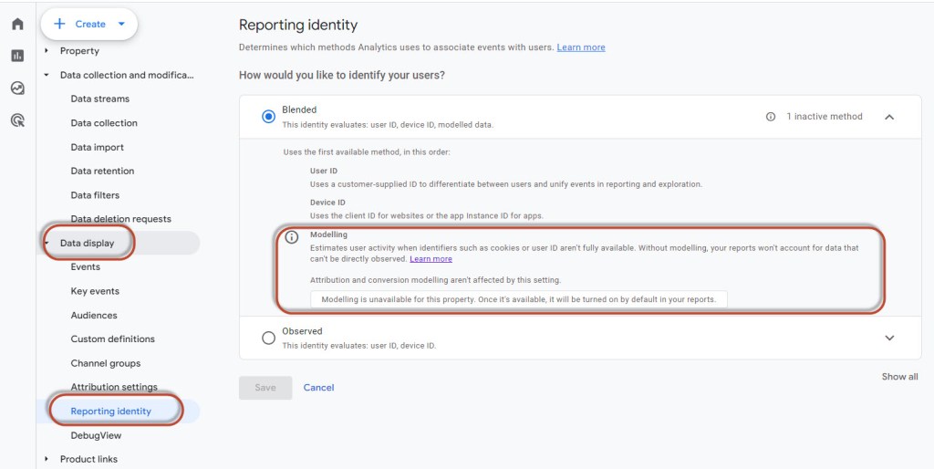 Inställningen Reporting identity i Google Analytics 4 där modellering visas