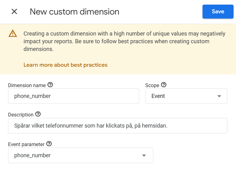Vyn Custom definitions i Google Analytics 4 där egna parametrar läggs till